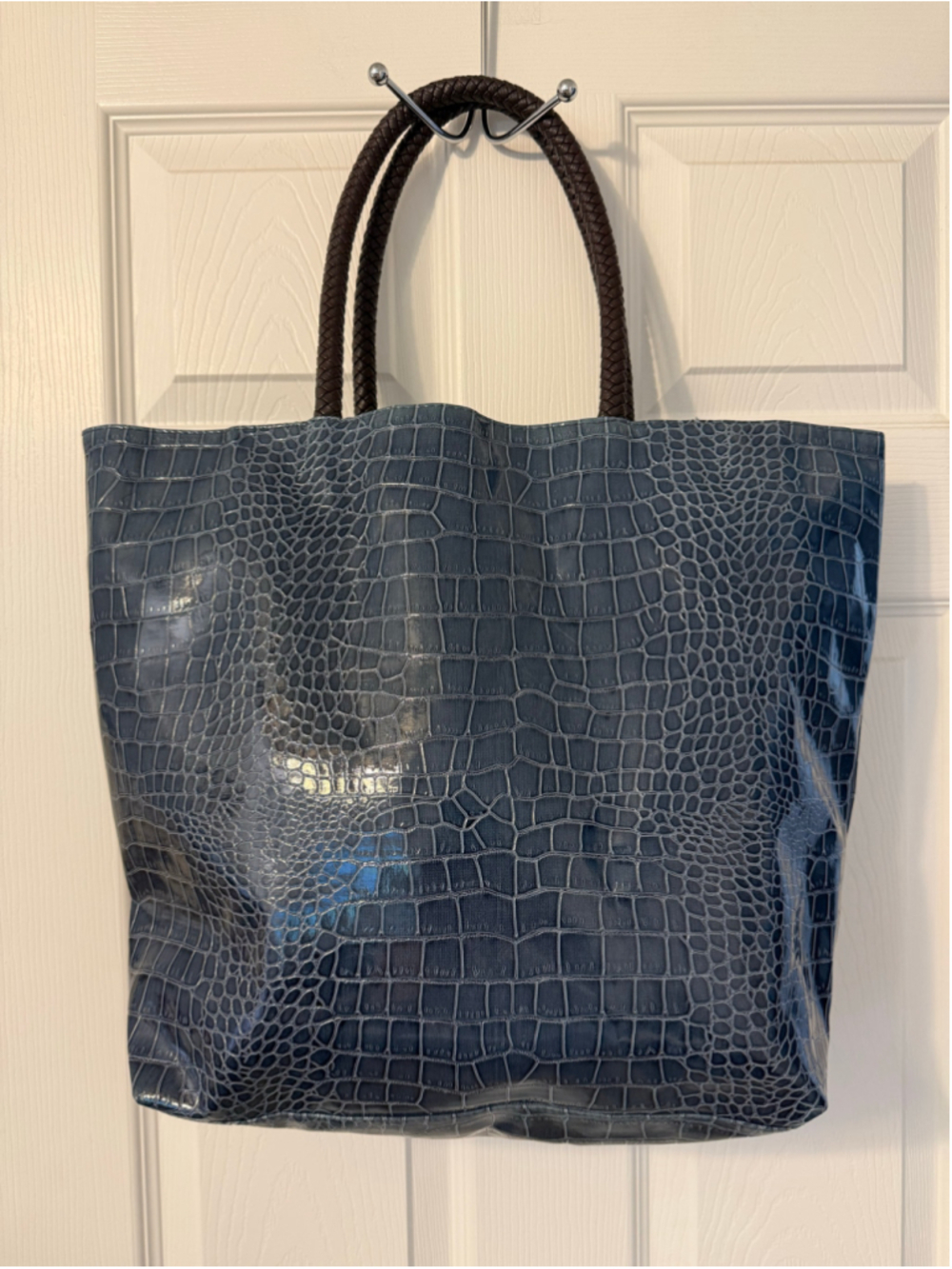Neiman Marcus Blue Faux Croc Embossed Tote Bag, Like New - Picture 2 of 8